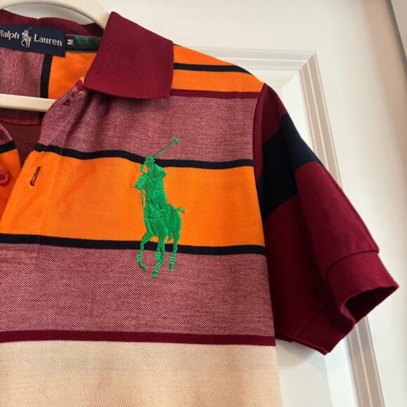 Vintage Polo Ralph Lauren Big Pony Logo Polo Striped Sz M #3 Red Orange - Picture 10 of 15